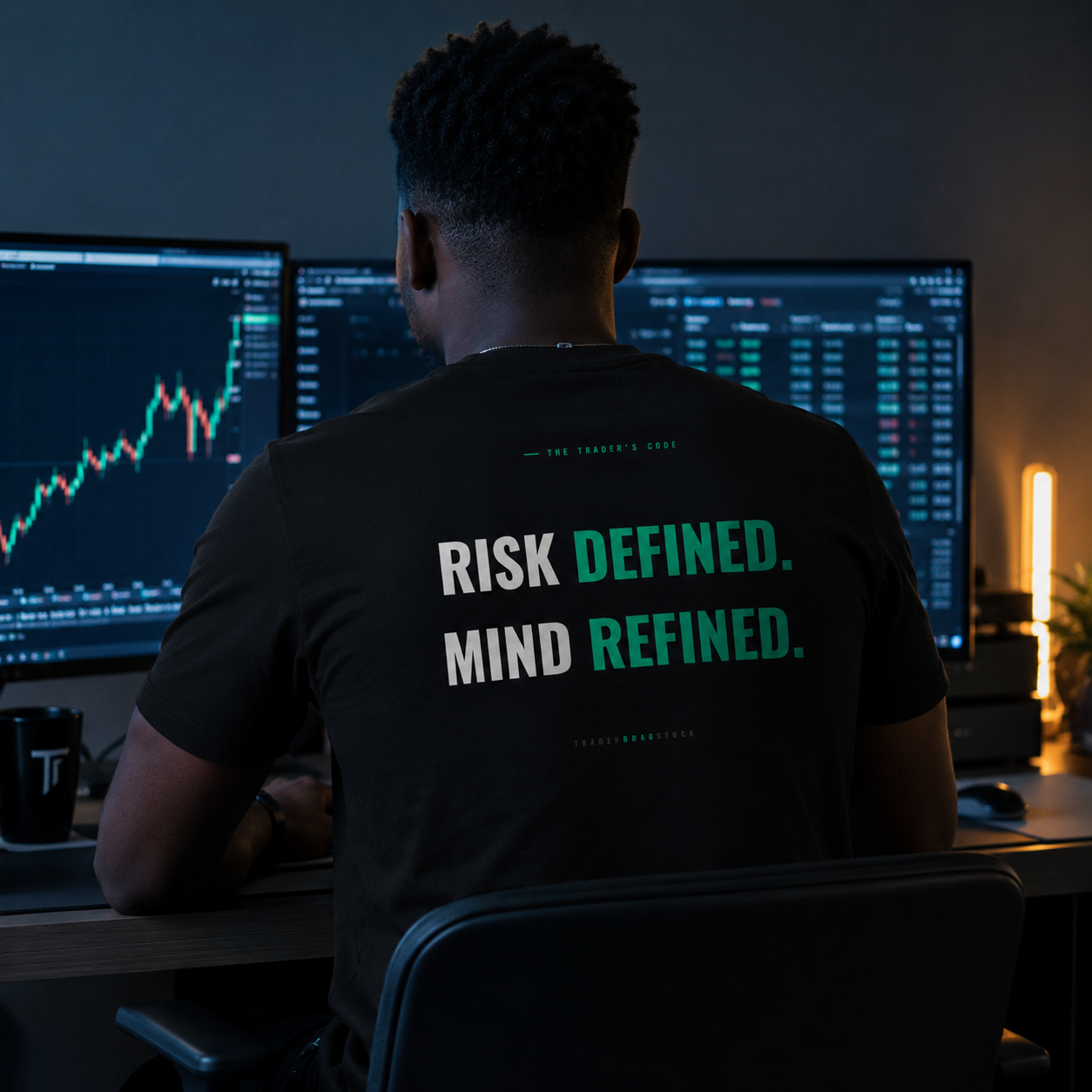 Risk Defined. Mind Refined Tee by Trader Brag Stock, back view
