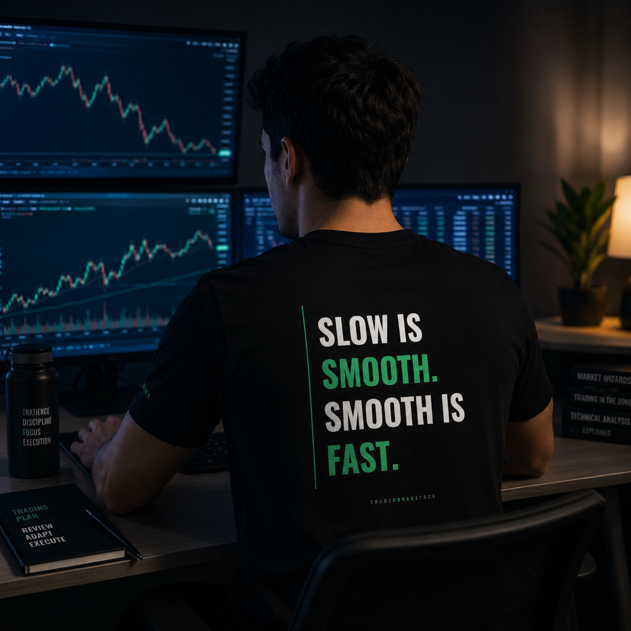 Slow Is Smooth. Smooth Is Fast Tee by Trader Brag Stock, back view