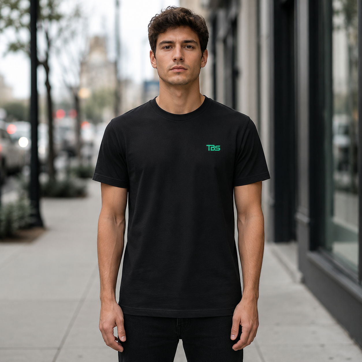 9:30 Ready Tee worn on the street, front view