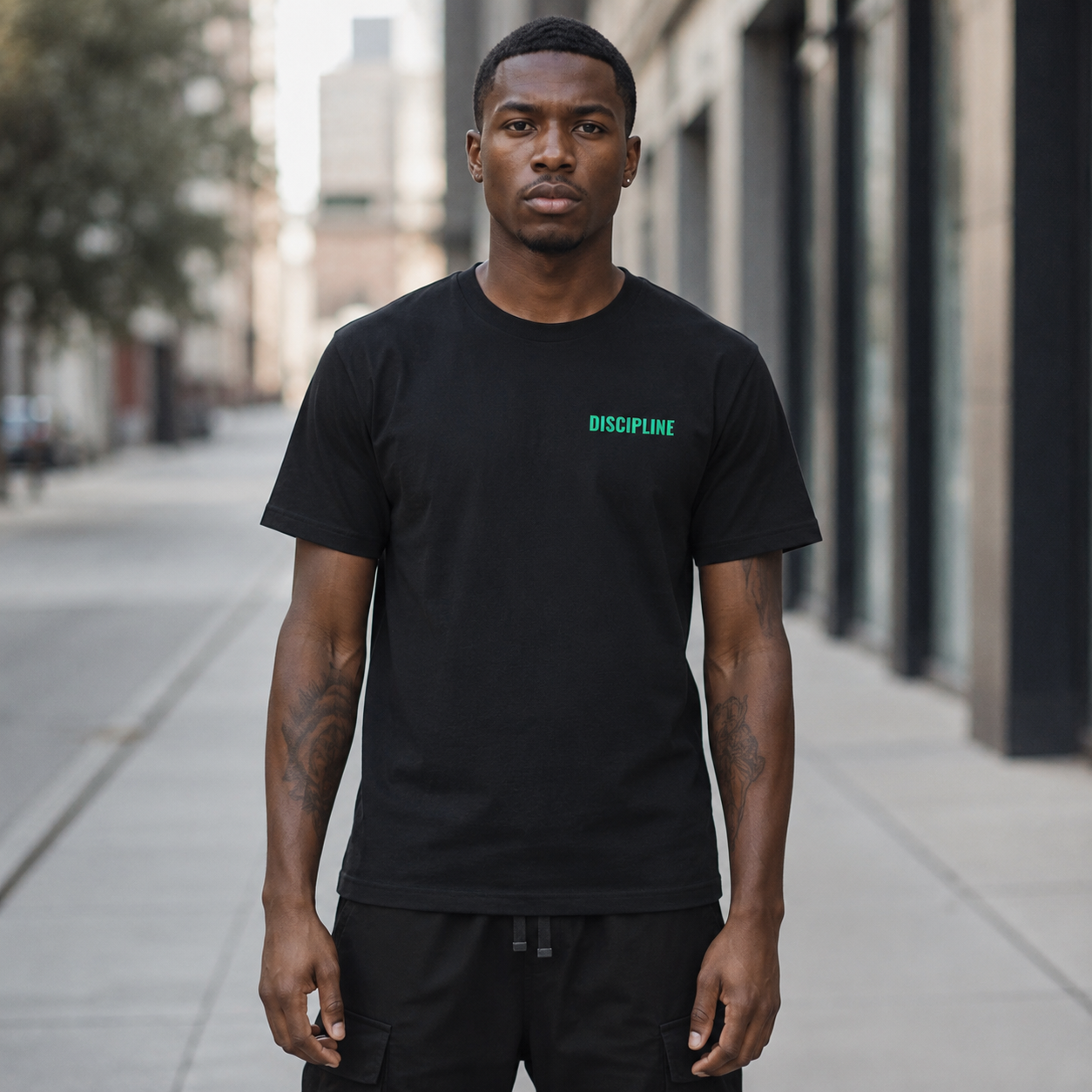 Discipline Over Dopamine Tee worn on the street, front view