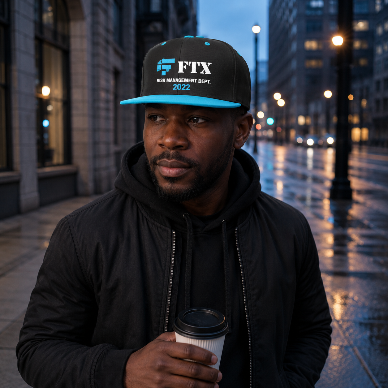FTX Risk Management Dept. 2022 Snapback (Teal), front view