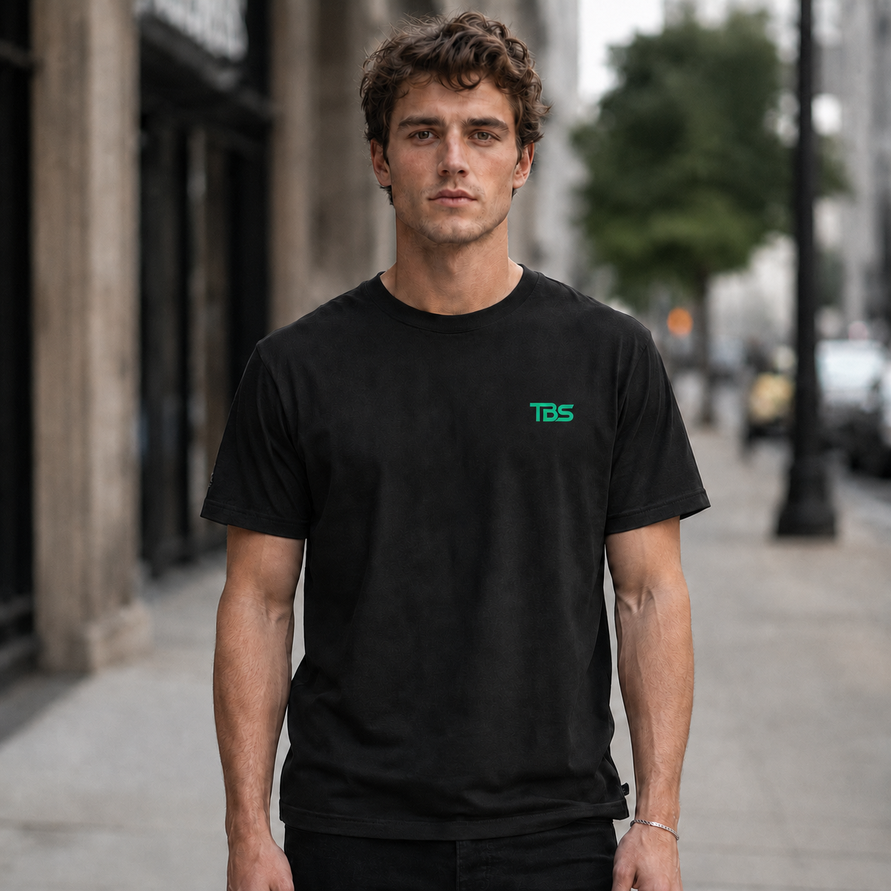 Process Over Prediction Tee worn on the street, front view