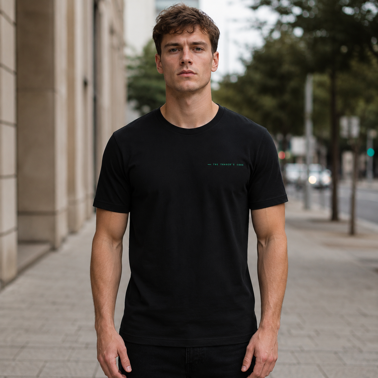 Risk Defined. Mind Refined Tee worn on the street, front view