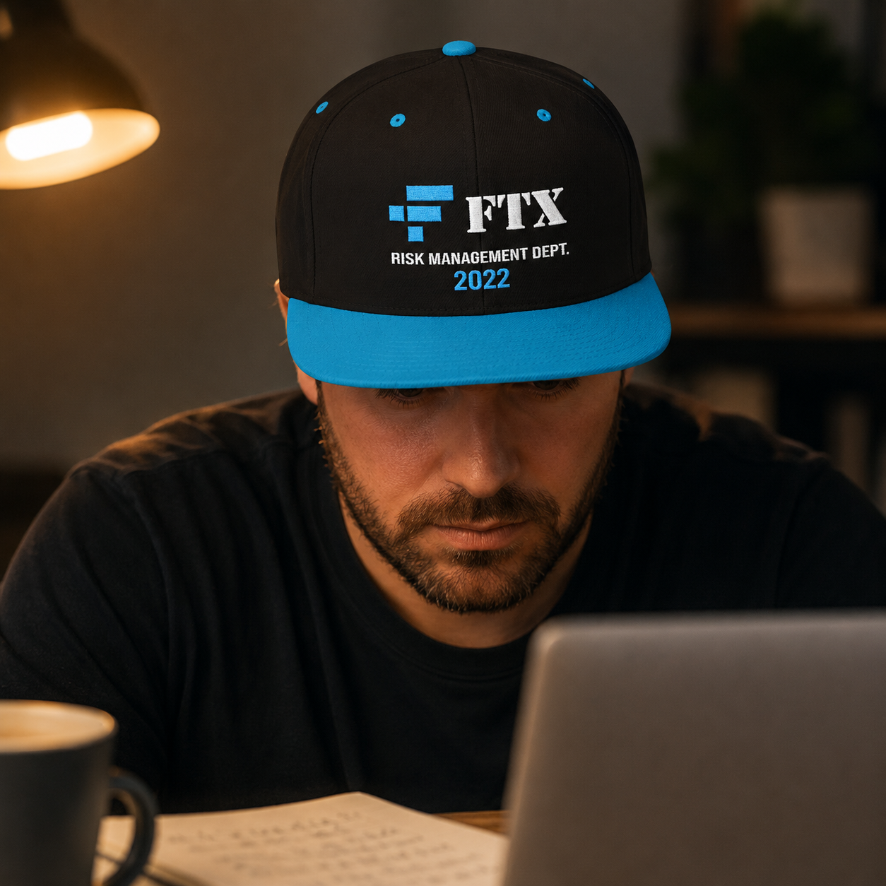 FTX Risk Management Dept. 2022 Snapback (Teal) by Trader Brag Stock, front view