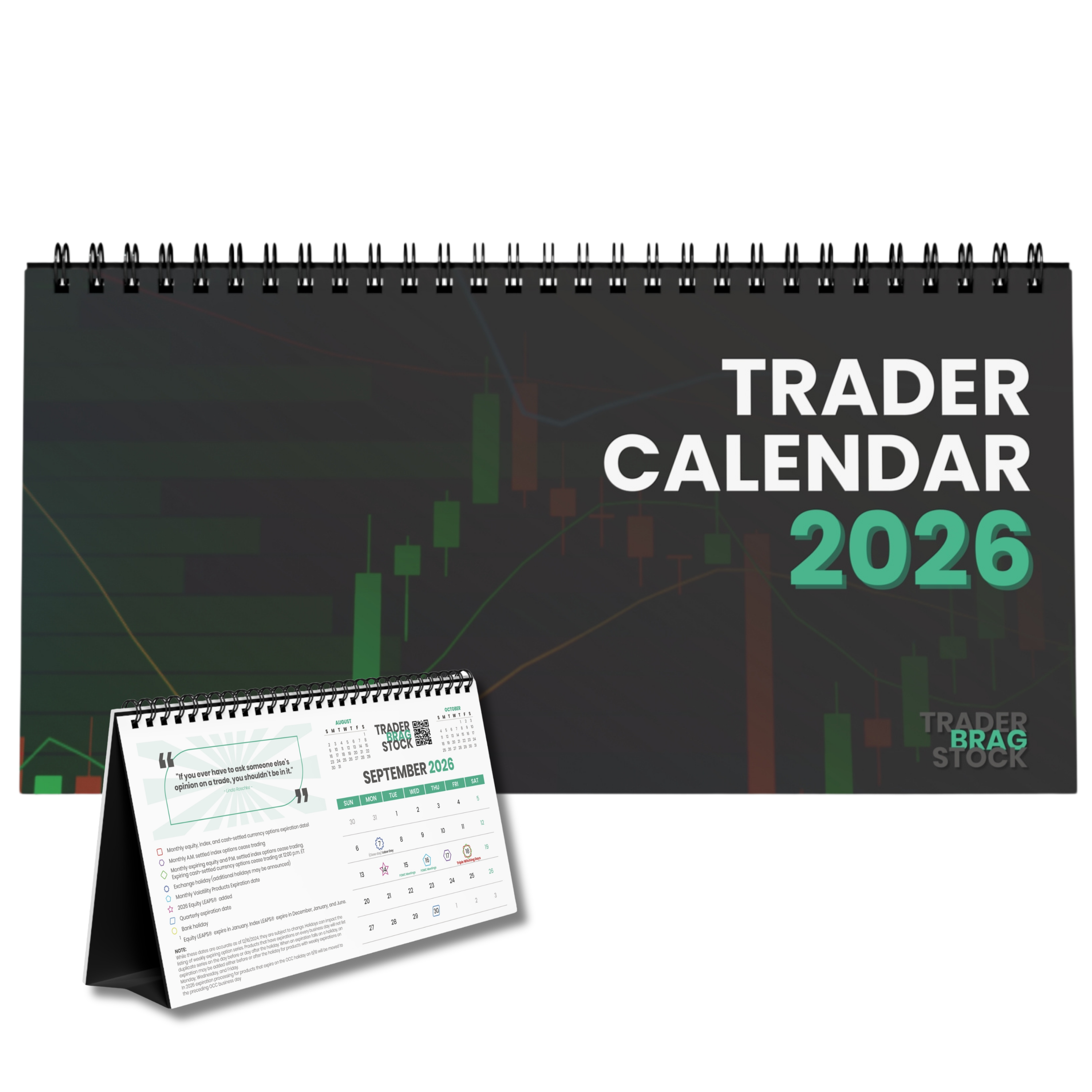 Trader calendar 2026 with stand on a white background
