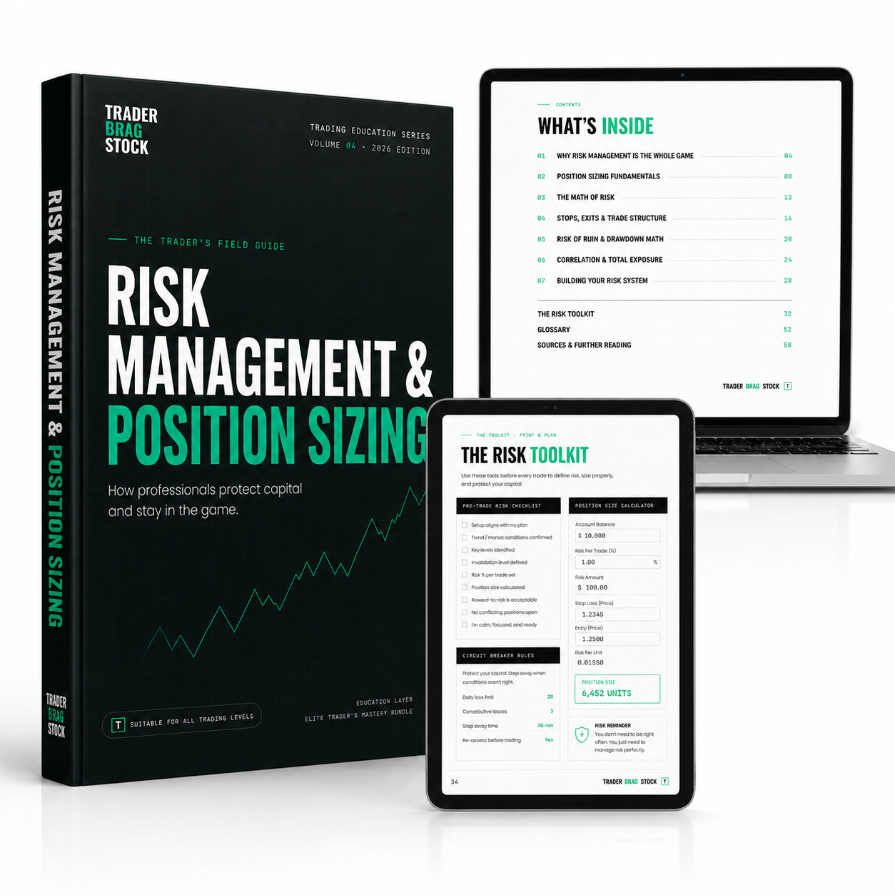 Risk Management and Position Sizing guide by Trader Brag Stock, book cover with device previews