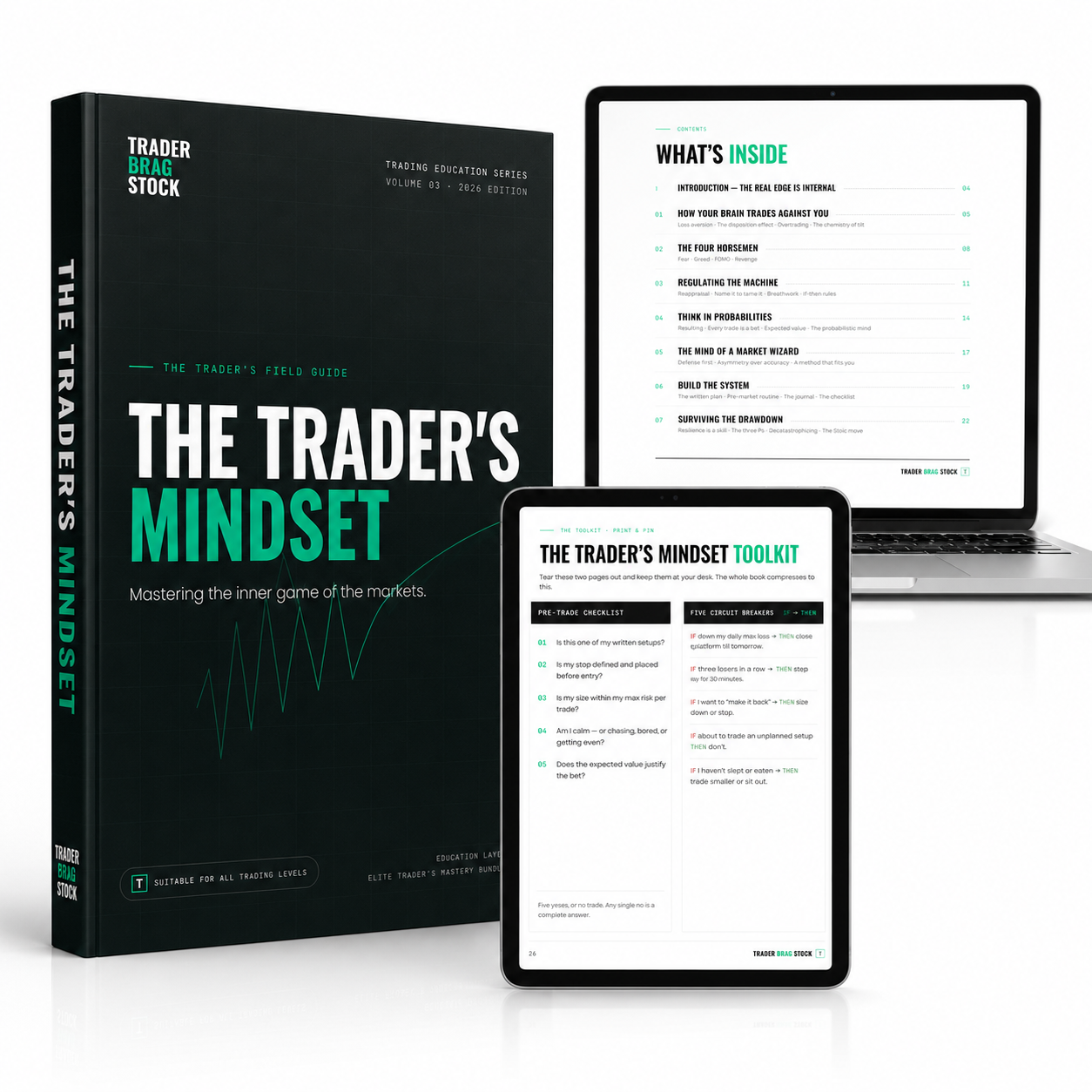 The Trader's Mindset guide by Trader Brag Stock, book cover with device previews