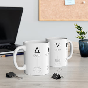 white Options greeks ceramic mug, C shaped handle, for traders