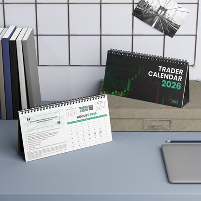 Two spiral-bound calendars titled 'Trader Calendar 2026' on a desk with books and a pen.