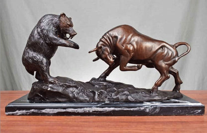 Pure Bronze Dueling Bull and Bear Sculpture on Marble
