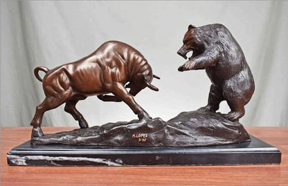 Pure Bronze Dueling Bull and Bear Sculpture on Marble