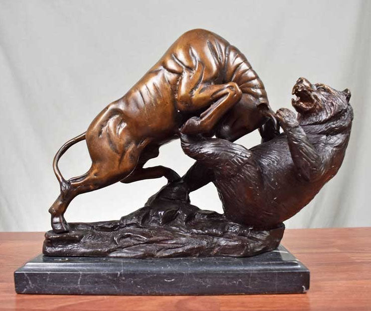 Pure Bronze Bull and Bear Sculpture on Marble - Large