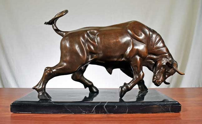 Pure Bronze Charging Bull Statue on Marble