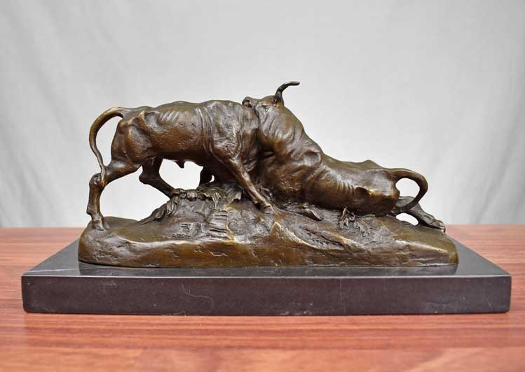 Pure Bronze Dueling Bulls on Marble