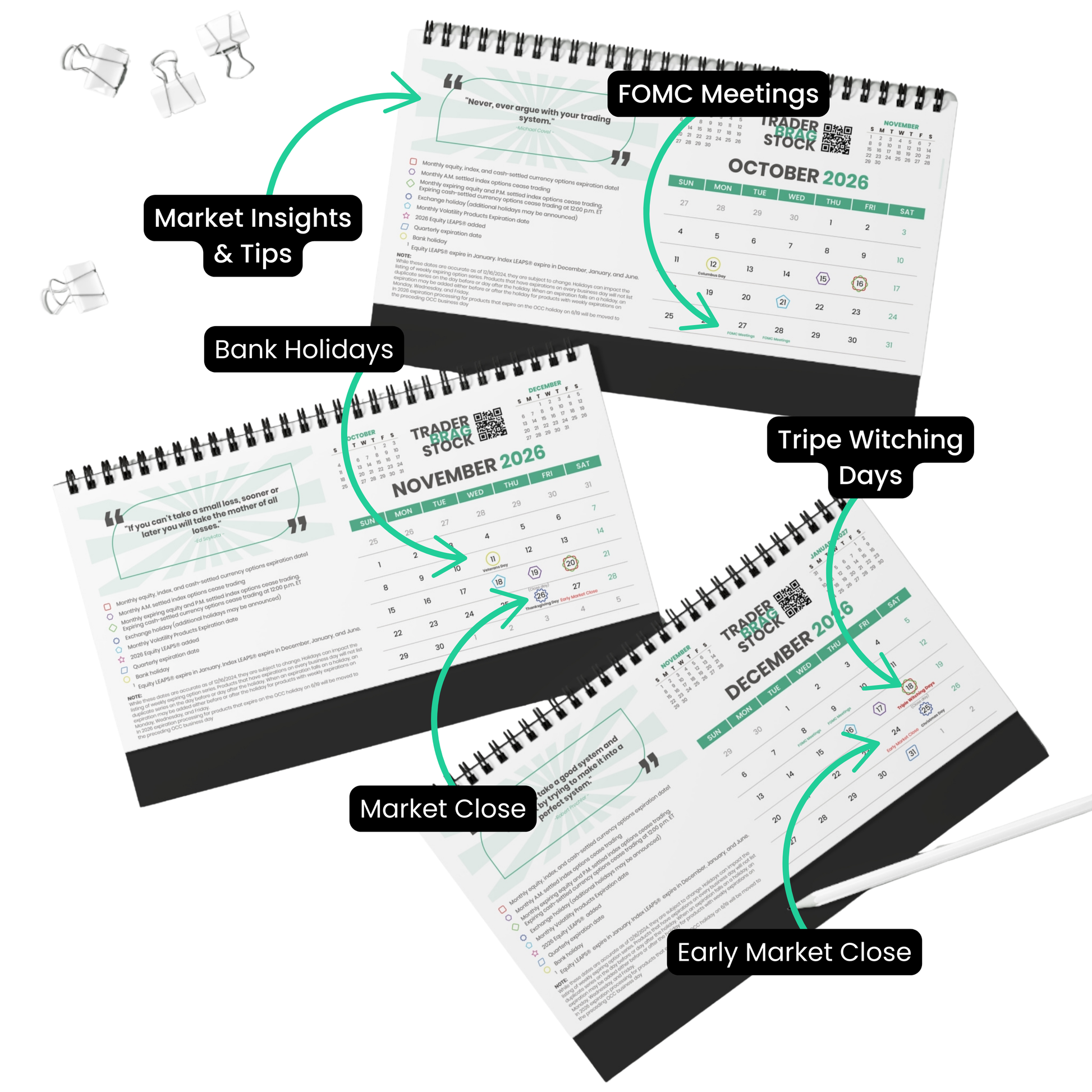 Three spiral-bound calendars for October, November, and December 2026 with various market-related notes.