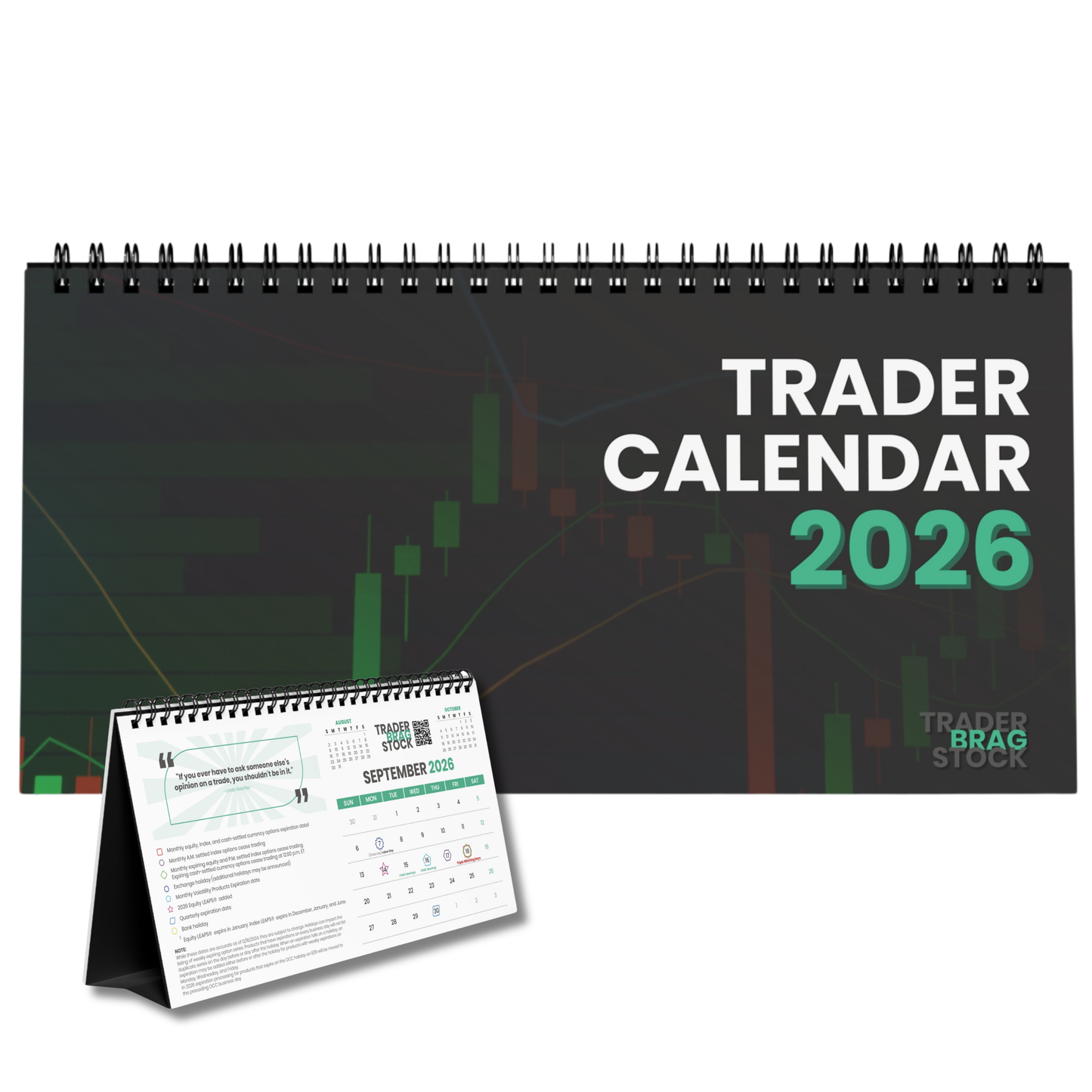 Trader calendar 2026 with stand on a white background