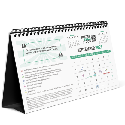 Tabletop calendar with September 2026 dates and text on a white background