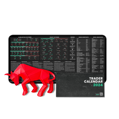 Tapis de bureau Trader's Premium + calendrier de bureau + figurine de taureau moderne