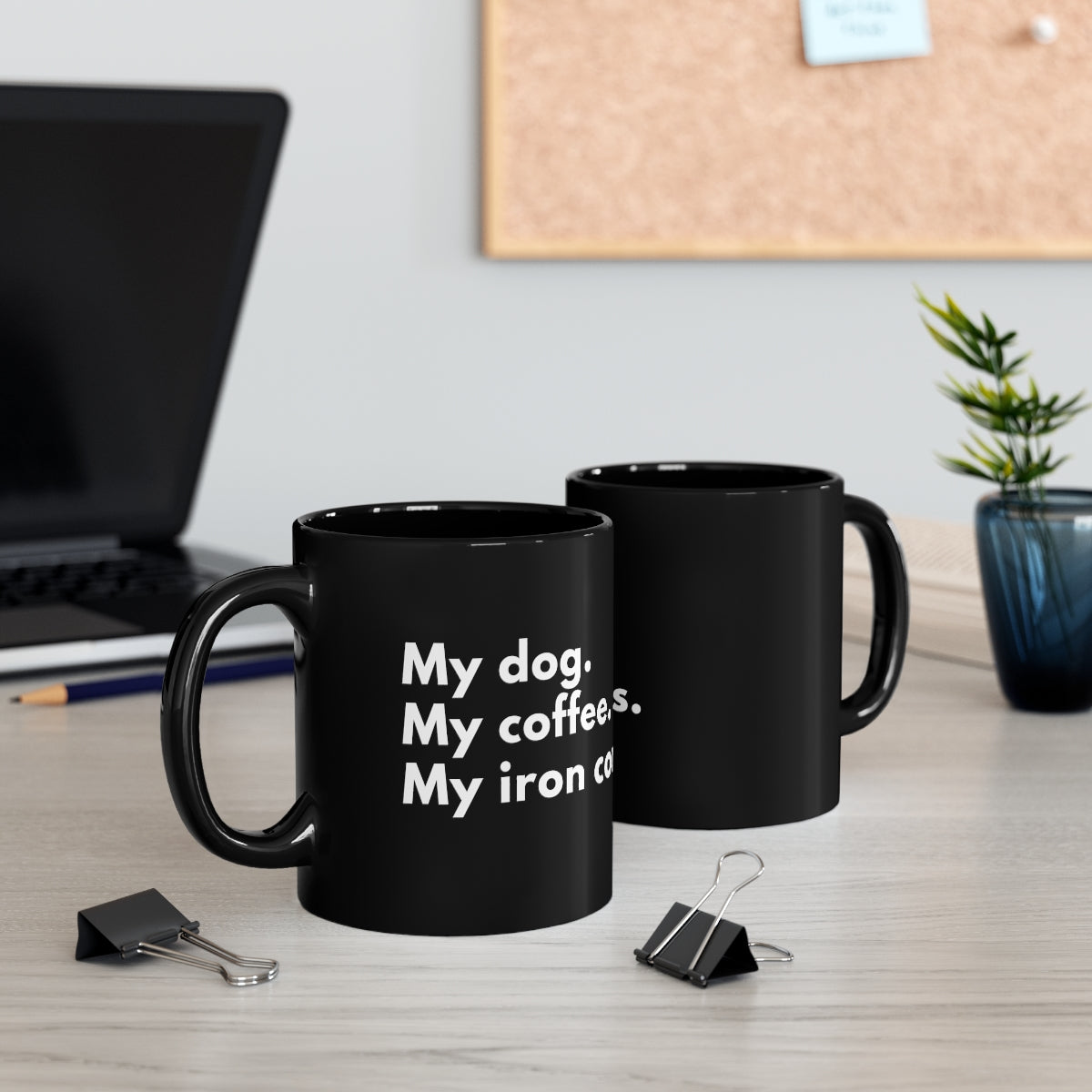 black ceramic mug, C shaped handle, My Dog. My Coffee. My Iron Condor, for dog lovers and for traders