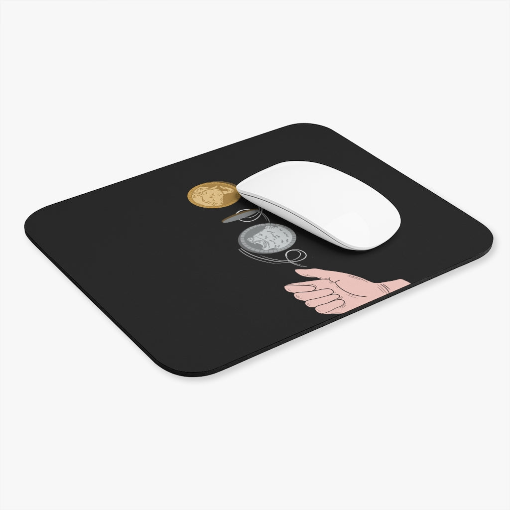A black mouse pad featuring illustration of bear and bull figures on coin being flipped for traders