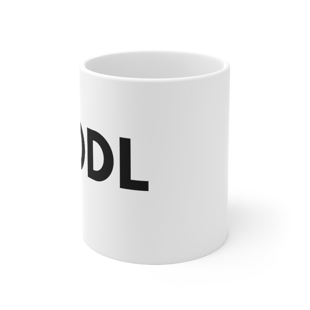 A white ceramic mug HODL written in black across the surface, C shaped handle, Memes for traders