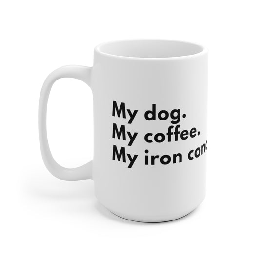 white ceramic mug, C shaped handle, My Dog. My Coffee. My Iron Condor, for dog lovers and for traders