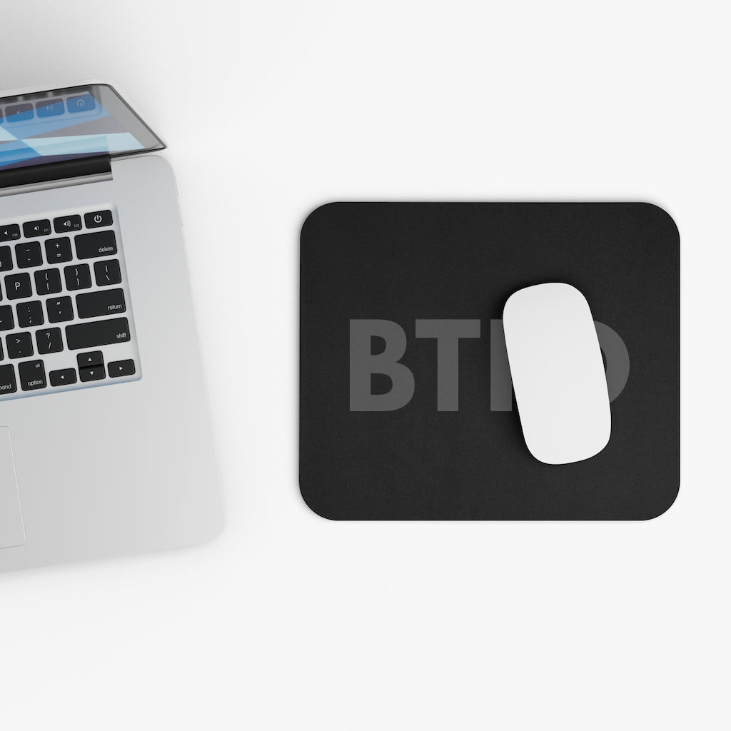 A black mousepad made with smooth soft cloth and fine fabric, BTFD is written in bold and dark grey for traders