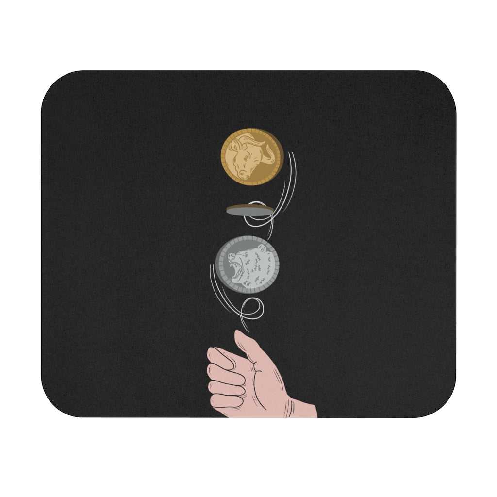 A black mouse pad featuring illustration of bear and bull figures on coin being flipped for traders