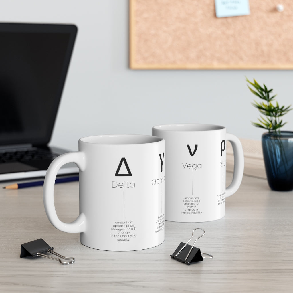 white Options greeks ceramic mug, C shaped handle, for traders