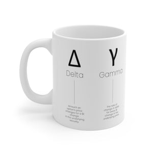 white Options greeks ceramic mug, C shaped handle, for traders